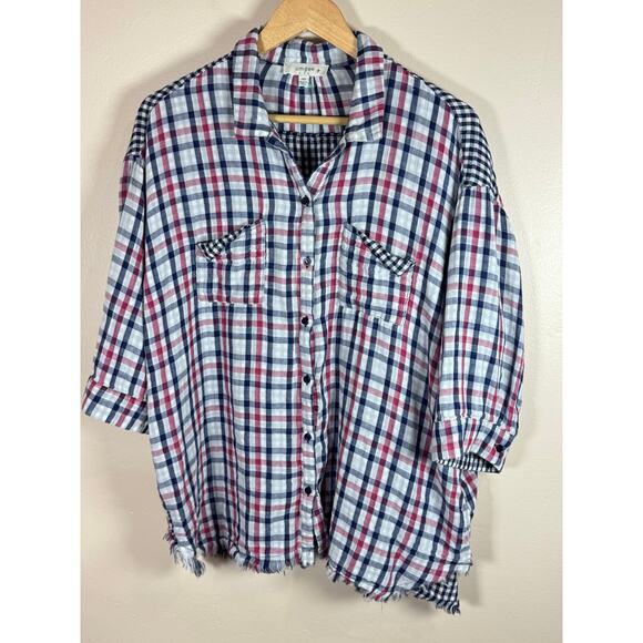 Umgee Women's Plaid Gingham Light Weight Cotton Button Up Tunic Top Plus Size 1X - Picture 5 of 12
